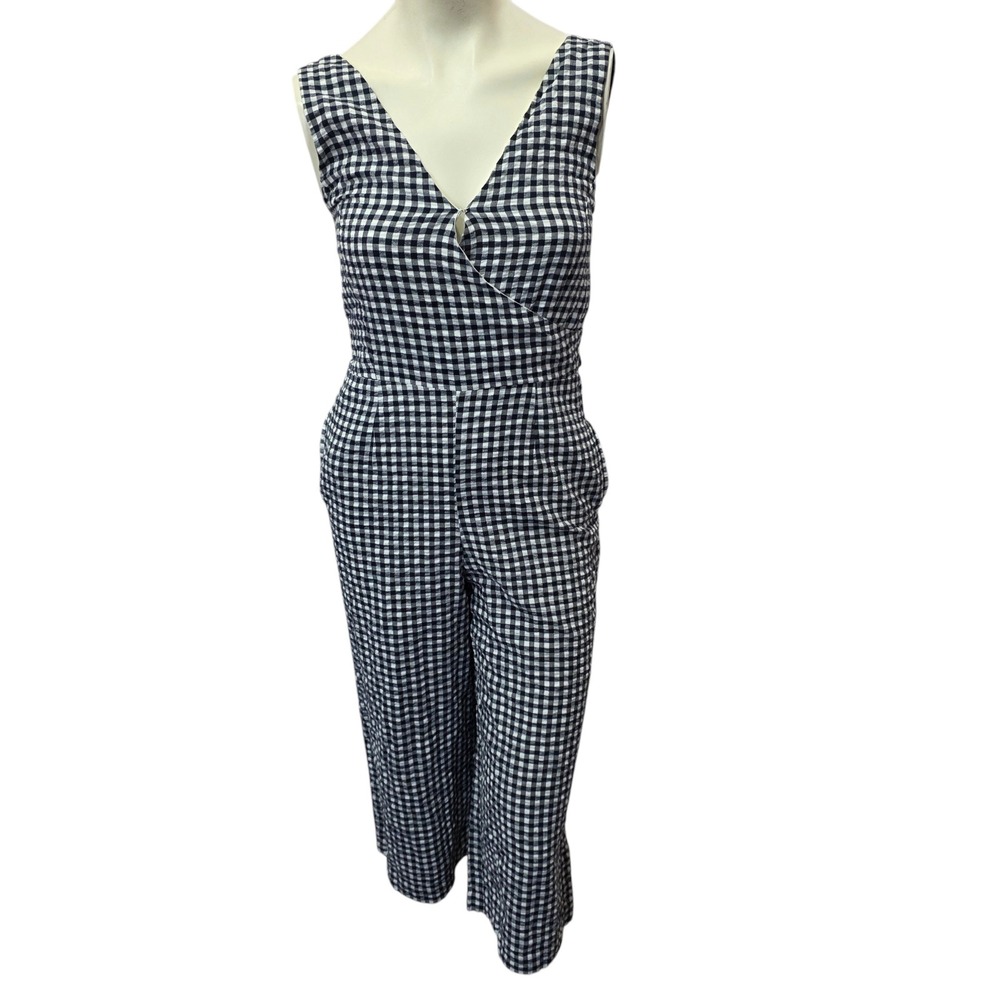 Banana Republic Small Gingham Cropped Jumpsuit Tie Back Wide Leg Black White S